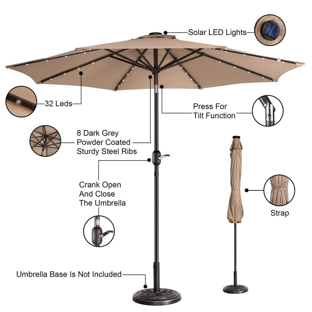 Beige 9-Foot Octagon Patio Umbrella with LED Lights and Steel Pole