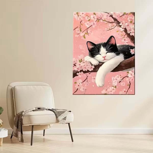 Cherry Blossom Tree and Sleeping Cat Canvas Art Print 24 x 36 in
