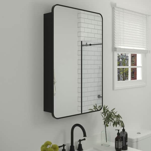 23 in. W x 30 in. H Black Rectangular Aluminum Medicine Cabinet with Mirror and Adjustable Shelves, Left Hinge