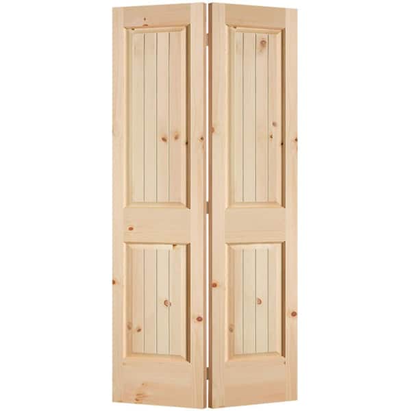 Masonite 36 in. x 80 in. 2-Panel V-Groove Solid Core Smooth Unfinished Knotty Pine Bi-fold Interior Door