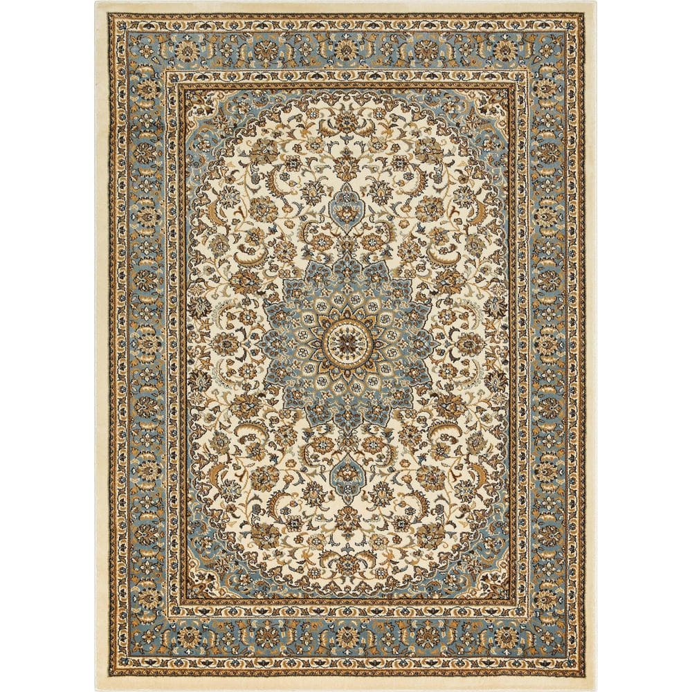 Ivory and Beige Medallion Synthetic Rectangular Rug
