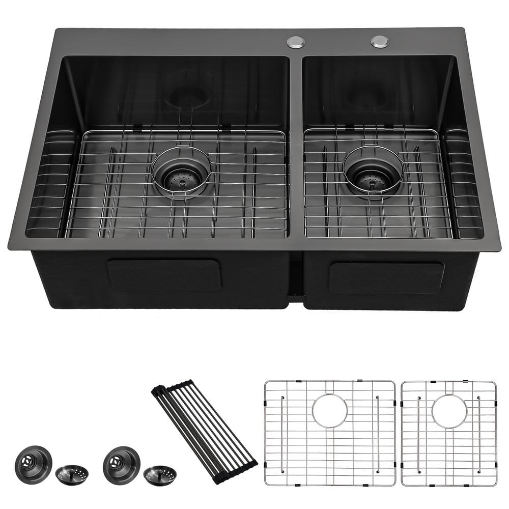 Gunmetal Black 33 in Drop in Double Bowl 16 Gauge Stainless Steel Kitchen Sink with Bottom Grids and Strainer -  LORDEAR, BXG3322-2-B-55