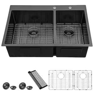 Gunmetal Black 33 in Drop in Double Bowl 16 Gauge Stainless Steel Kitchen Sink with Bottom Grids and Strainer