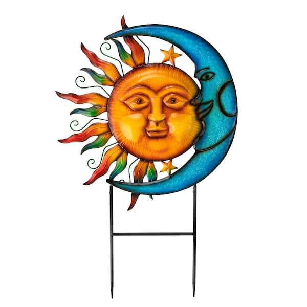Glitzhome 36.25 in.H Metal Sun and Moon Yardstake or Wall Décor