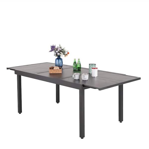 Outdoor Black Rectangular Metal Frame Expandable Dining Table for Lawn Garden, 6-8 Person