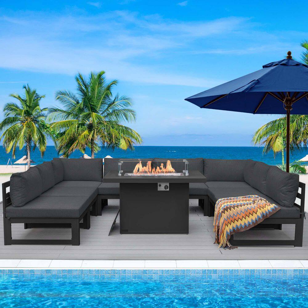 Extra Large Gray 9-Piece Aluminum Patio Fire Pit Conversation Set Deep Seat