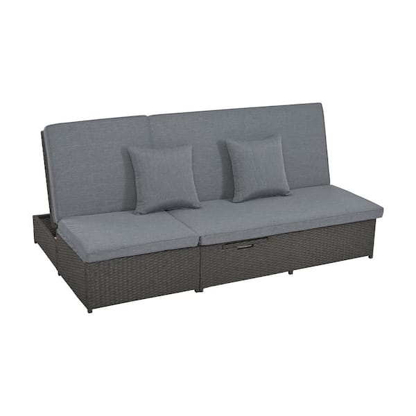 Clihome Wicker Outdoor Rattan Patio Recliner Chairs Double Sunbed with Gray Cushions, Adjustable Backrest and Seat