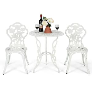 3-Piece Outdoor Cast Aluminum Patio Conversation Furniture Set with Rose Design-White