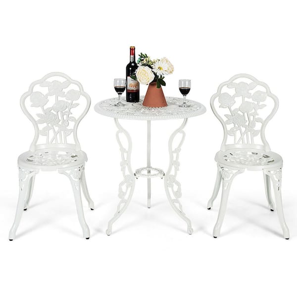 SUNRINX 3-Piece Outdoor Cast Aluminum Patio Conversation Furniture Set with Rose Design-White