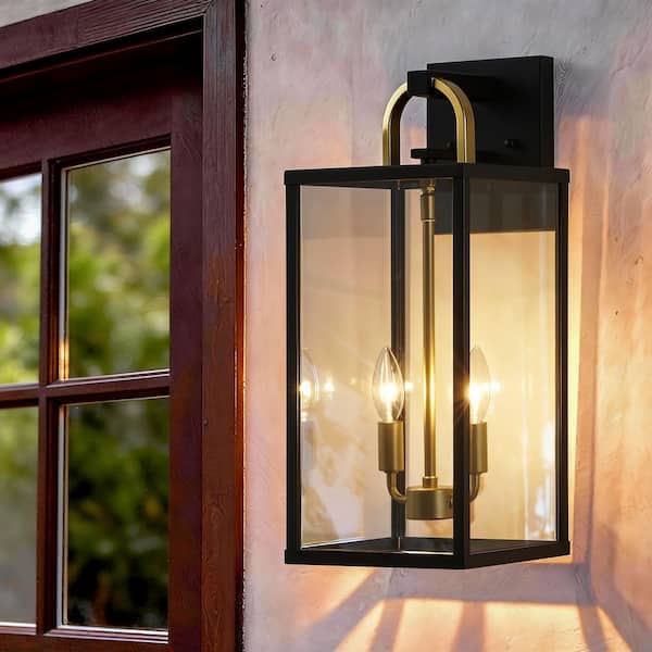 Black and Gold Wall Lantern Outdoor Sconce-20.12 in. with Clear Glass Shade