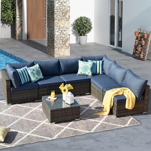 Messi Gray 7-Piece Wicker Outdoor Patio Conversation Sectional Sofa Set with Denim Blue Cushions