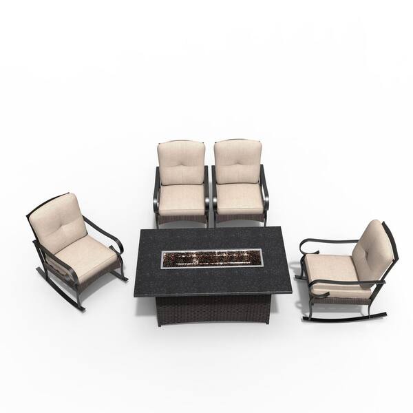 DIRECT WICKER Black Lilith 5-Piece Wicker Patio Fire Pit Table Set with 4 Chairs And Beige Cushions
