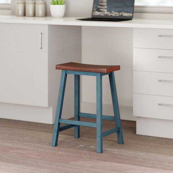Winsome Satori Saddle Seat 24 in. Counter Stool, Rustic Teal and