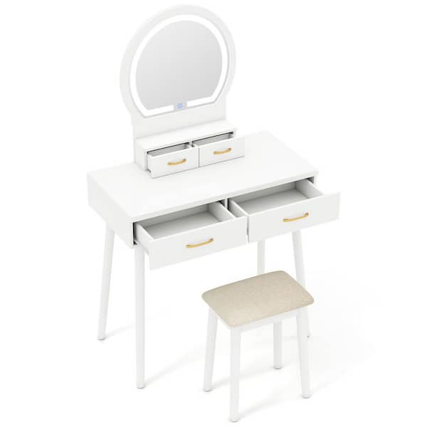 2-Piece Small Vanity Desk Makeup Vanity Set w/Mirror & Lights Cushioned Stool 3 Adjustable Lighting Colors White