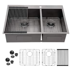 33 in. Drop in Double Bowl (60/40) 18 Gauge Gunmetal Black Stainless Steel Kitchen Sink with Bottom Grids