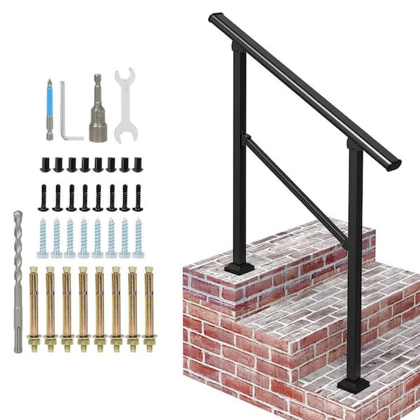 38.2 in H x 24.4 in. W 3-Step Wrought Iron Handrail for Indoor and Outdoor Stairs, Black