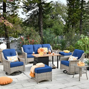 Tulip B Gray 7-Piece Wicker Patio Storage Fire Pit Conversation Set with Swivel Rocking Chairs and Navy Blue Cushions