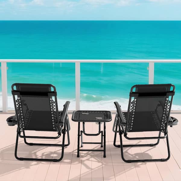 (Set of 3) Patio Sets Zero Gravity Chair with Tray and Table with Cup Holder Metal Outdoor Recliner with Black Cushions