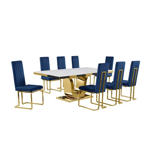 Best Quality Furniture Ada 9-Piece Rectangle White Marble Top With Gold Stainless Steel Dining Set With 8 Navy Blue Velvet Gold Chrome Chairs