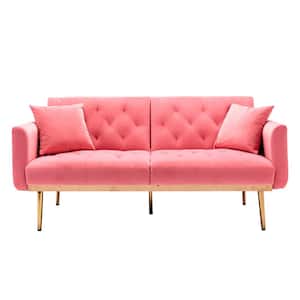 63.78 in. Peach Velvet Twin Size Sofa Bed Accent Sofa Loveseat Sofa with Rose Gold Metal Feet