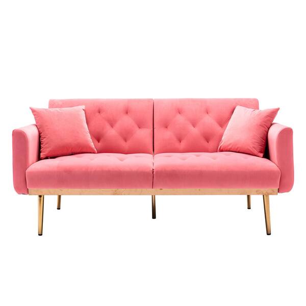 Z-joyee Peach Futon Velvet Accent Loveseat Sofa with Rose Gold Metal Feet