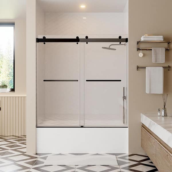 56 to 60 in. W x 60 in. H Double Sliding Frameless Tub Door in Matte Black with 3/8 in. Clear Glass