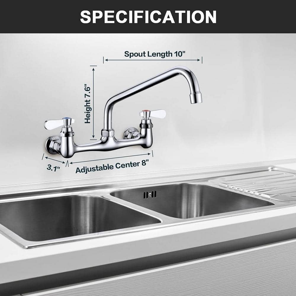 Chrome Wall Mount Double Handle Bridge Faucet with 10-inch Swing Spout