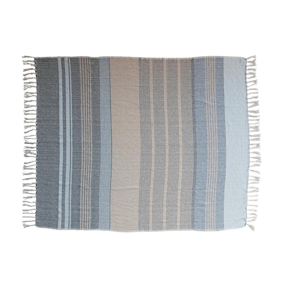 Light Blue Striped Cotton Blend Throw Blanket with Fringe