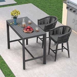 Modern Aluminum PE Rattan Counter Height Outdoor Bar Stool with Back and Grey Cushion (2-Pack)
