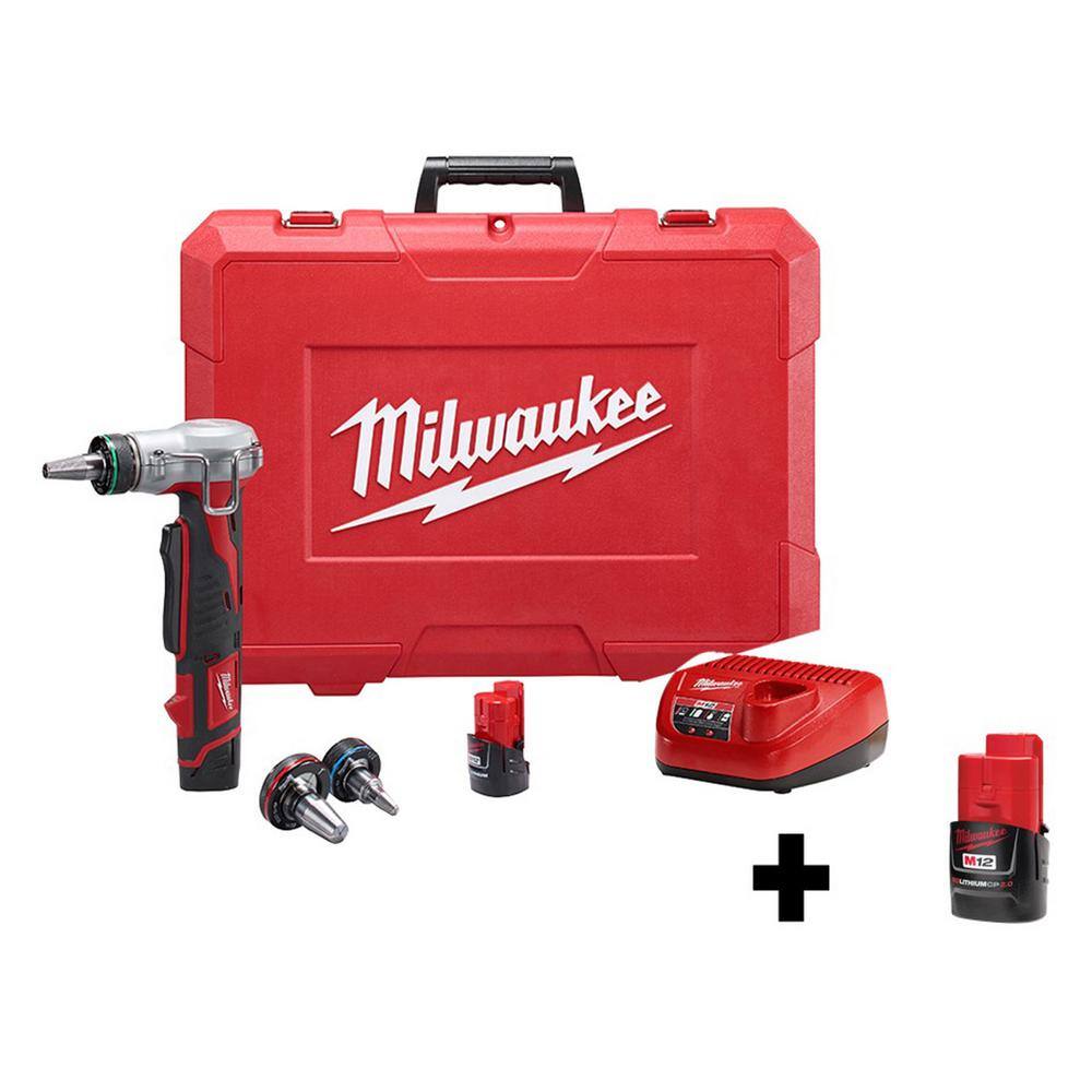 Milwaukee M12 12-Volt Lithium-Ion Cordless 0.5 in. to 1 in. PEX Expansion Tool Kit with Extra M12 2.0 Ah Compact Battery