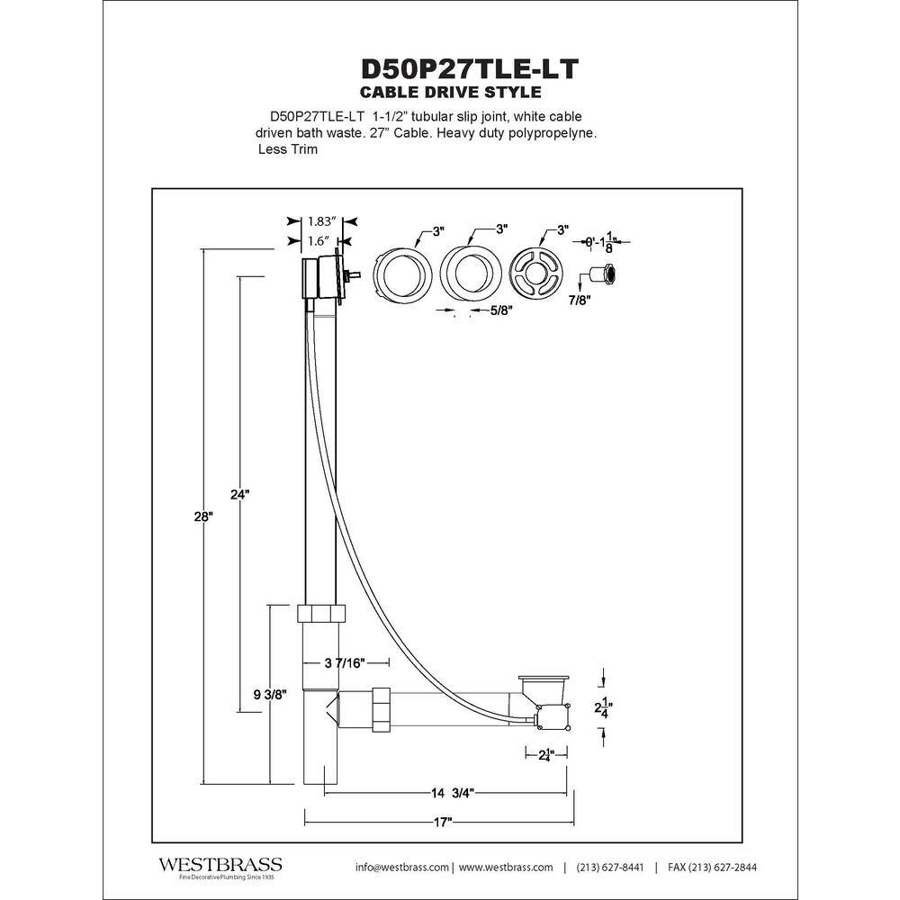 27" White Polyethylene Cable Drive Bathtub Drain Assembly