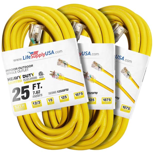 LifeSupplyUSA 25 ft. 12 Gauge/3 Conductors SJTW Indoor/Outdoor Extension Cord with Lighted End Yellow (3-Pack)