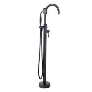 Waterfall Style 2-Handle Freestanding Floor Mount Tub Faucet with Hand Shower in Matte Black