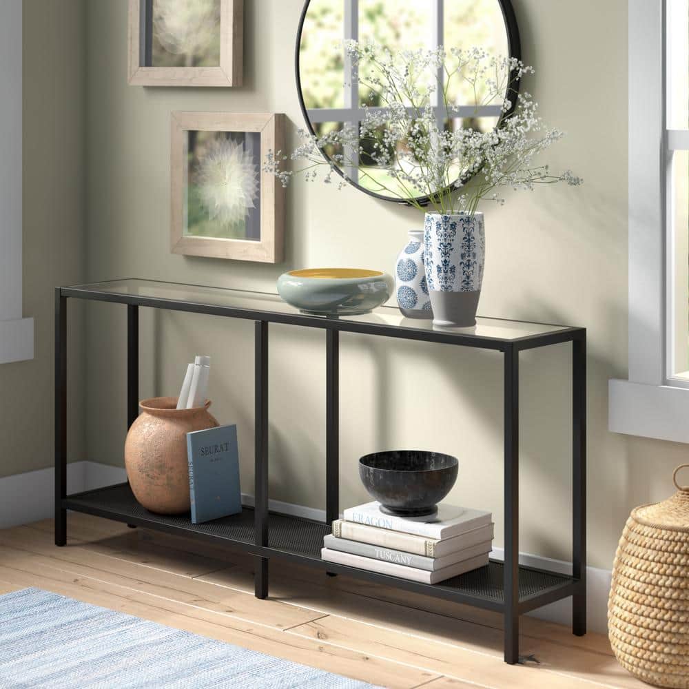 Meyer Cross Rigan 64 in. Rectangle Blackened Bronze Glass Console Table AT0590 The Home Depot