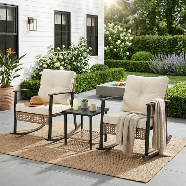 3-Piece Metal Rocking Bistro Outdoor Patio Conversation Set with Cushions and 2-Tier Coffee Table in Beige Cushion