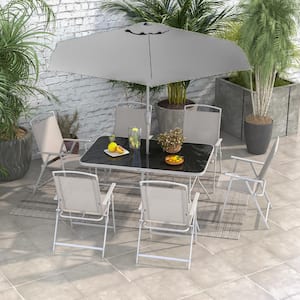 Gray 8-Piece Metal Rectangle Outdoor Dining Set and Umbrella