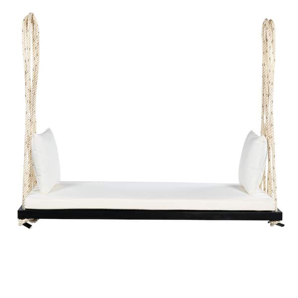 2-Person Wood Porch Swing with Cushion and Pillows and Hemp Ropes for Garden, Backyard