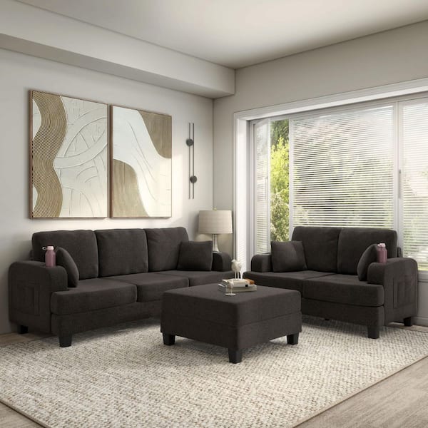 Furniture of America Colby 3-Piece Dark Gray Boucle Fabric Small Space Living Room Set with USB Ports and Cup Holders