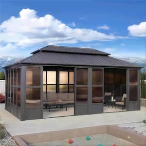 12 ft. x 20 ft. Gray Sunroom Hardtop Gazebo Solarium Galvanized Double Roof All-Weather Aluminum Outdoor Screen House
