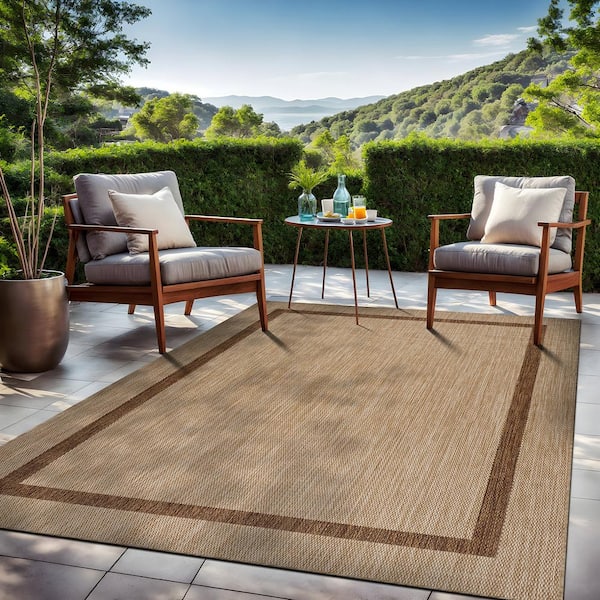 Waikiki Beige/Brown 5 ft. x 7 ft. Bordered Indoor Outdoor Area Rug