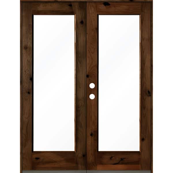 Krosswood Doors 60 in. x 80 in. Rustic Knotty Alder Wood Clear Full-Lite provincial stain Right Active Double Prehung Front Door