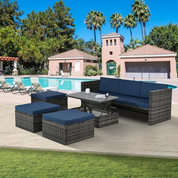 5-Piece Wicker Outdoor Sectional Set with CushionGuard Blue Cushions, Plywood Coffee Table, Lift TOP Coffee Table