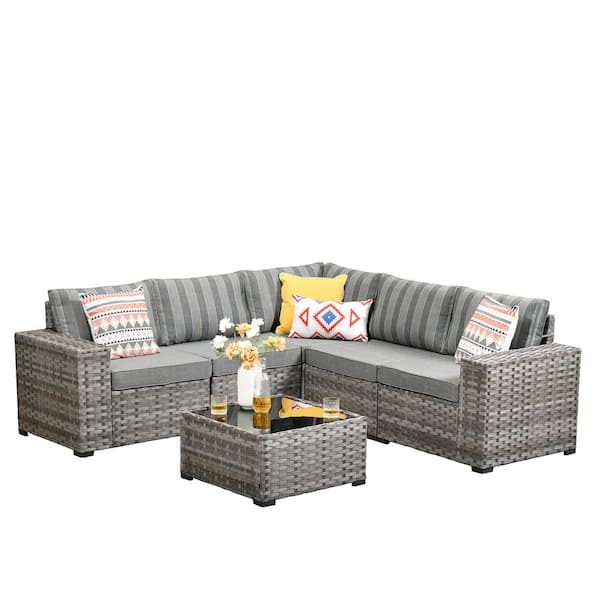 Baldwin Gray 6-Piece Wicker Wide Arm Outdoor Patio Conversation Sofa Sectional Seating Set with Gray Striped Cushions