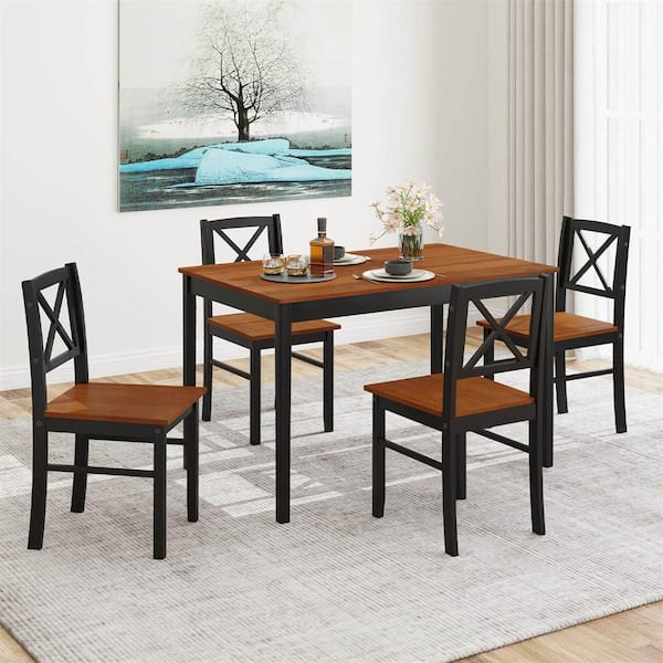 5-Piece Rectangle MDF Top Bar Table Set Dining Room Set Seats 4 with Rubber Wood Legs, Cross Backrest