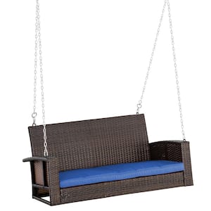 2-Person Mix Brown Wicker Porch Swing with Dark Blue Cushions
