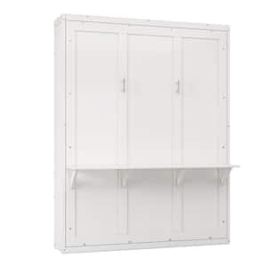 White Wood Frame Queen Murphy Bed with Desk Combo