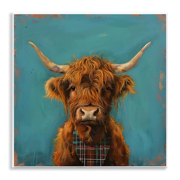 Stupell Industries Highland Cow on Blue by LSR Design Studio Unframed Animal Graphic Art Print 12 in. x 12 in.