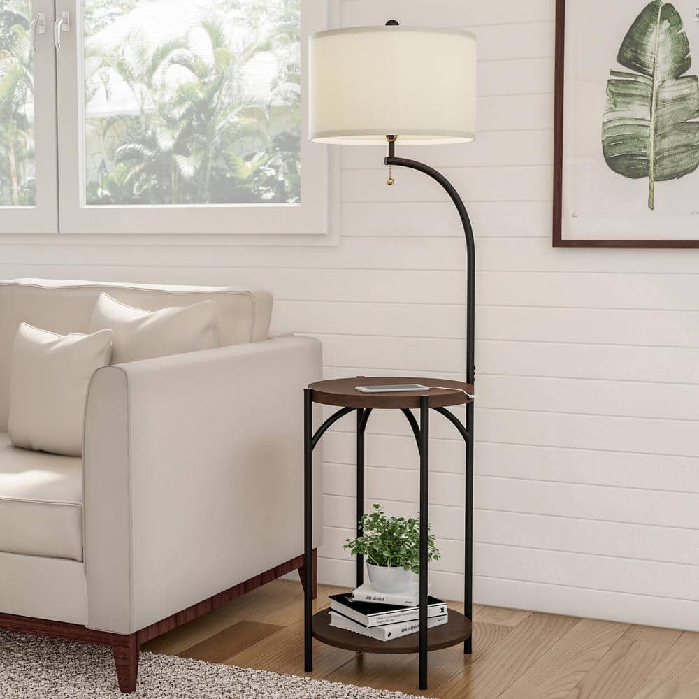 58 in. Dark Brown Standard LED Floor Lamp with End Table - Modern Rustic Side Shelves with USB Charging Port price history on PriceWatchPro