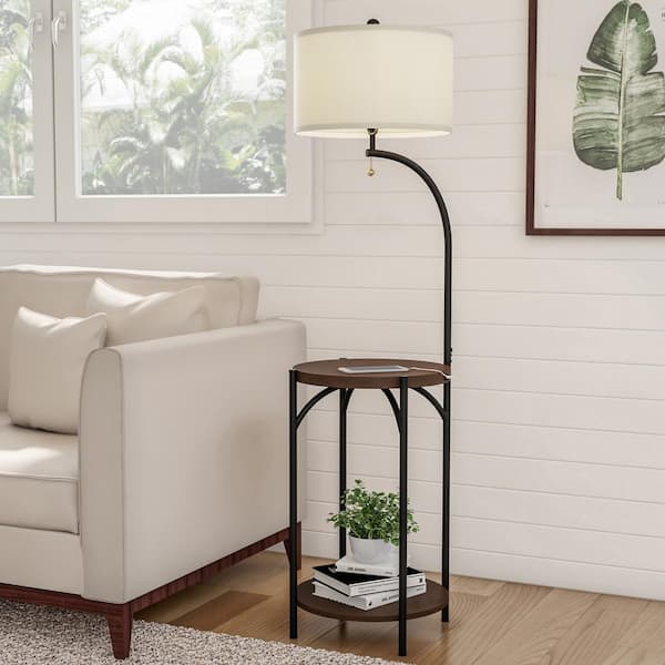 58 in. Dark Brown Standard LED Floor Lamp with End Table - Modern Rustic Side Shelves with USB Charging Port