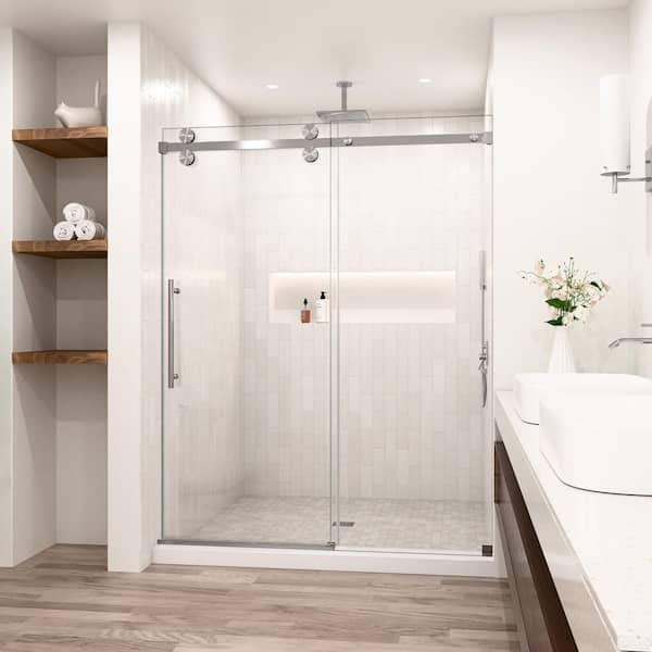Lumina 60 in. W x 80 in. H Sliding Fully Frameless Shower Door in Brushed Nickel with SGCC 3/8 in. Tempered Clear Glass